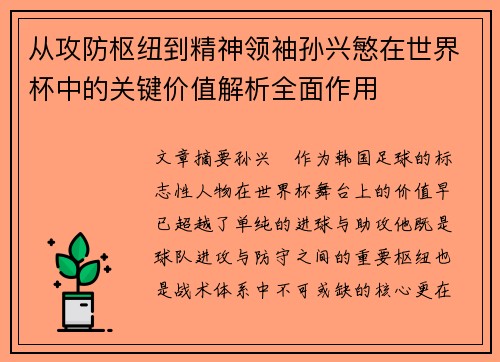 从攻防枢纽到精神领袖孙兴慜在世界杯中的关键价值解析全面作用 从攻防枢纽到精神领袖孙兴慜在世界杯中的关键价值解析全面作用