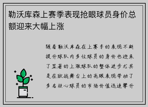 勒沃库森上赛季表现抢眼球员身价总额迎来大幅上涨